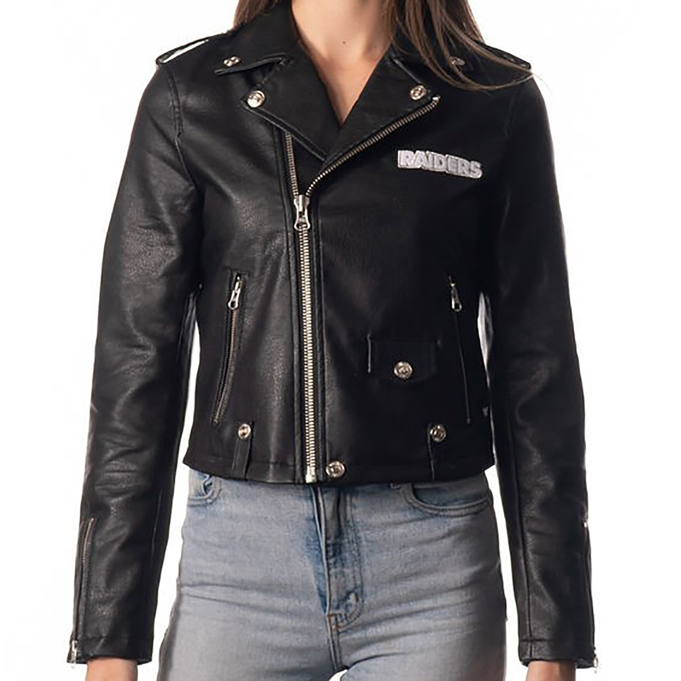 Product Detail  LAS VEGAS RAIDERS FAUX LEATHER STUDDED BOMBER JACKET