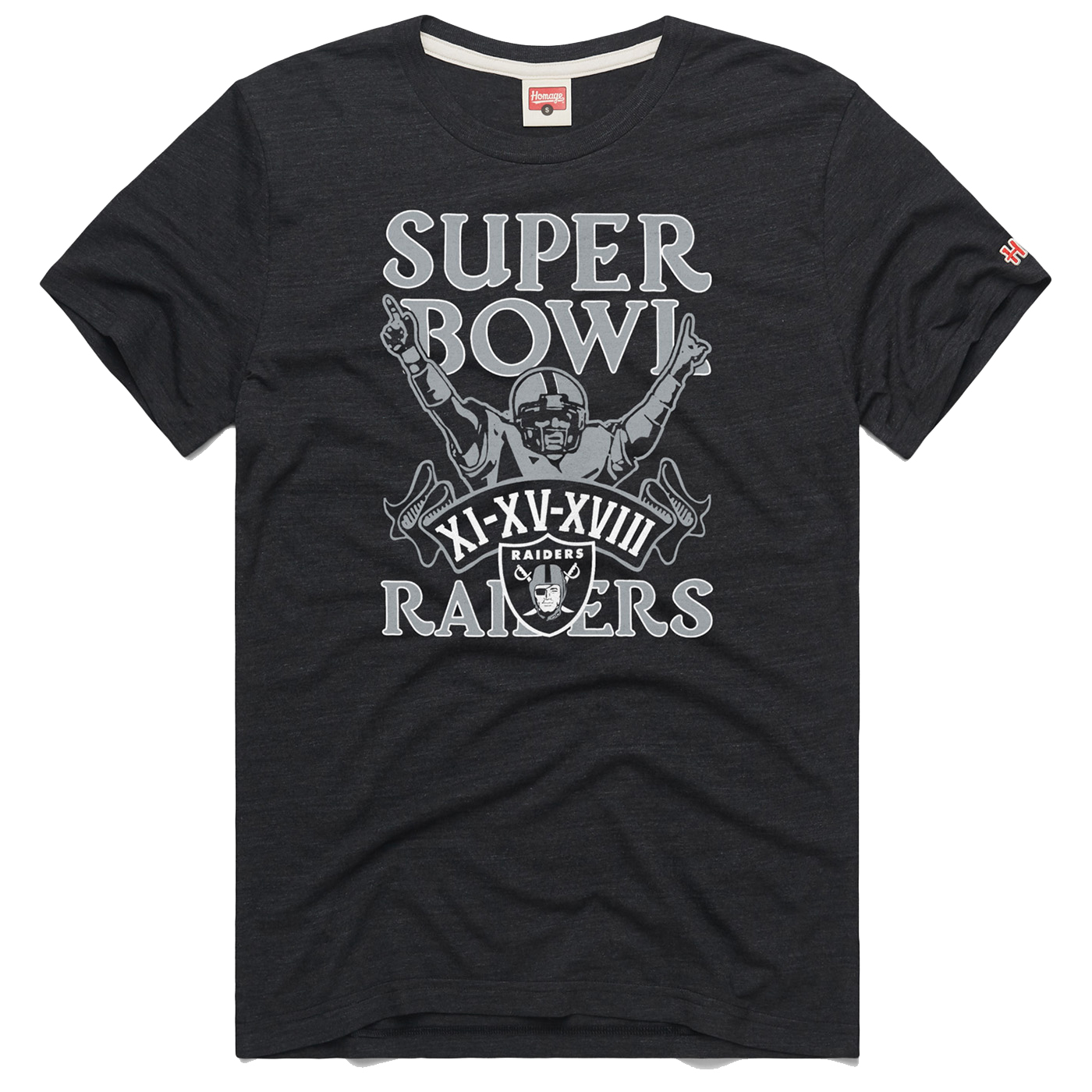 Las Vegas Raiders 3 Time Super Bowl Champions T-Shirt from Homage. | Officially Licensed Vintage NFL Apparel from Homage Pro Shop.